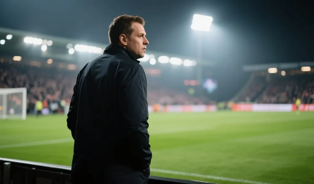 主教练在场边紧张指挥，背景是巨大的球场比分牌